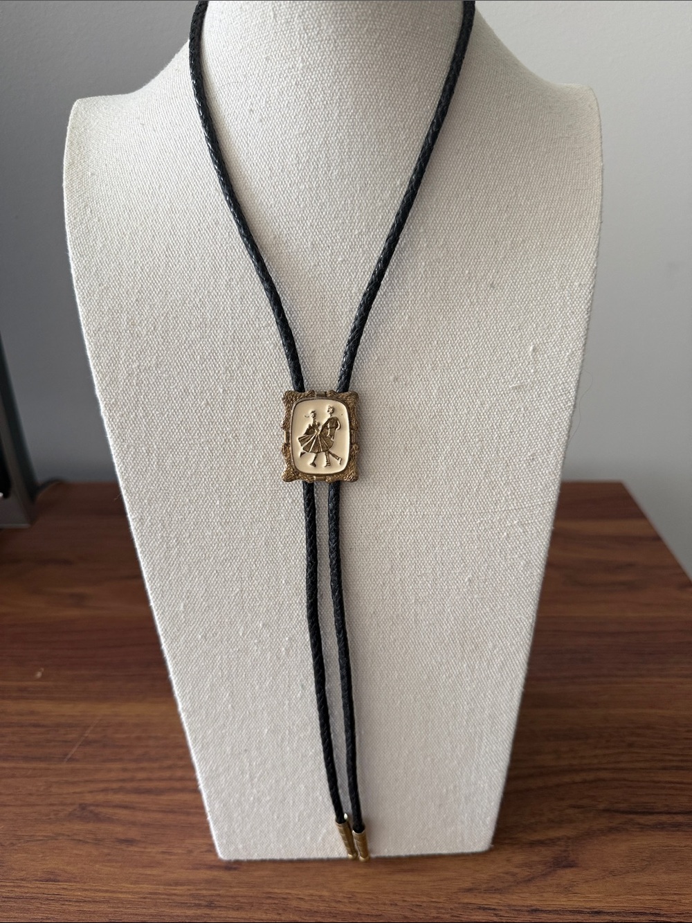 Vintage Bolo Tie With Square Dancing Couple & Braided Leather Cord. Unisex.